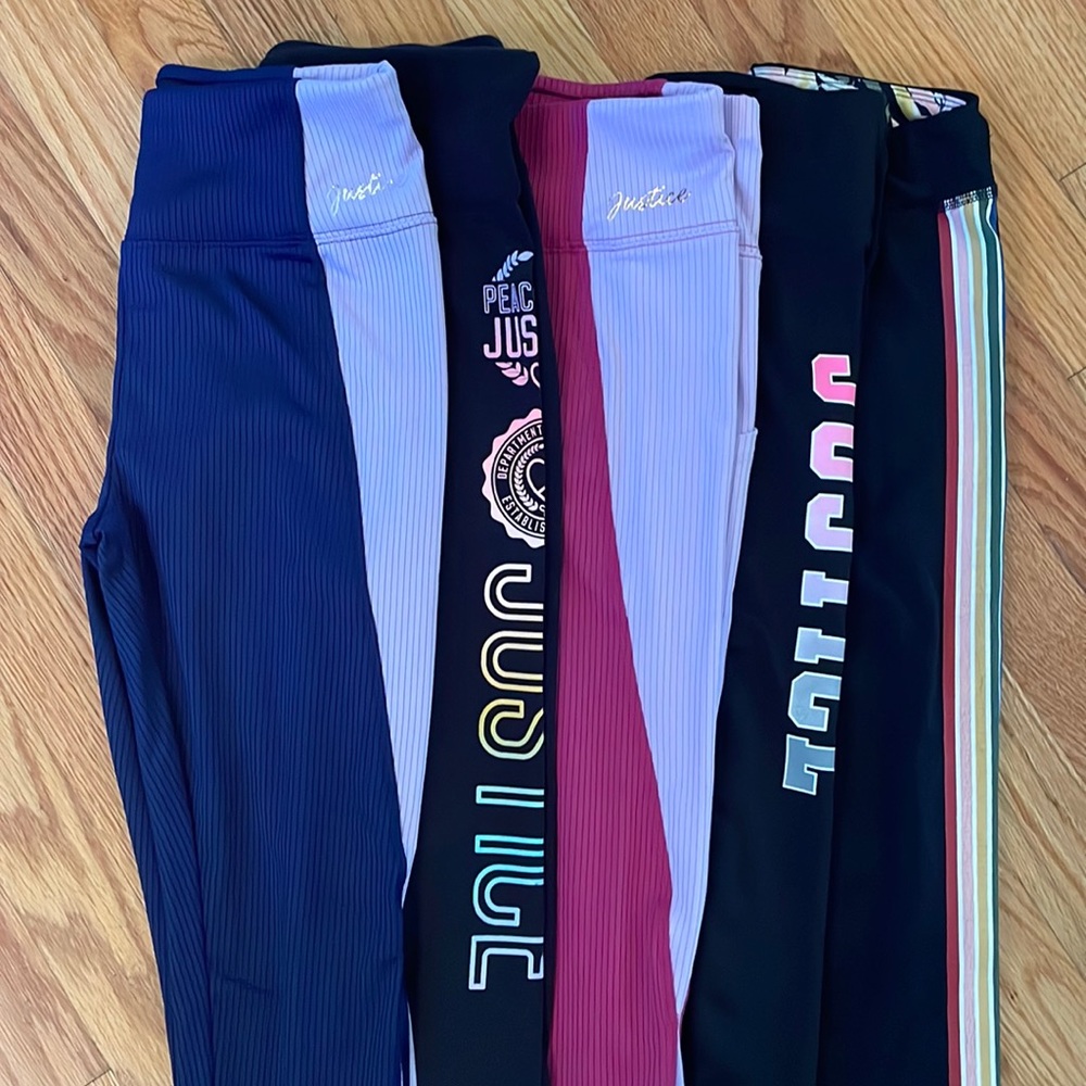 Five pairs of girls athletic leggings, all EUC